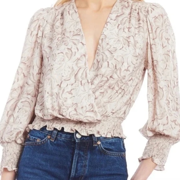 Amanda Uprichard Tan / Beige Floral Long-Sleeved Coquette Top (Size L) - Picture 2 of 10